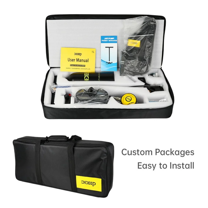 DIDEEP X4000Pro Equipo de Buceo de 1L con Tanque de Oxígeno Subacuático, Correa para Hombro, Gafas, Adaptador y Bolsa de Transporte - Negro+Plata