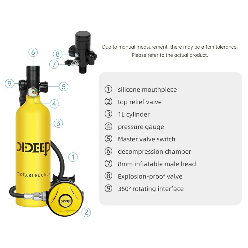 DIDEEP X4000Pro Equipo de Buceo de 1L con Tanque de Oxígeno Subacuático, Correa para Hombro, Gafas, Adaptador y Bolsa de Transporte - Negro+Plata
