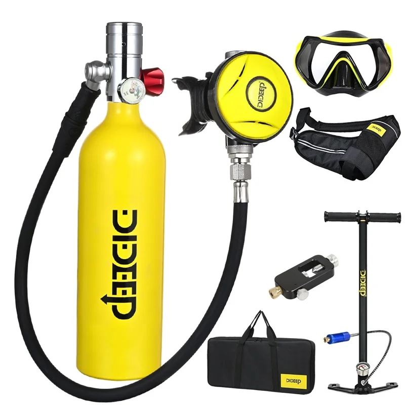 DIDEEP X4000Pro Tanque de Oxígeno para Buceo de 1 L con Correa para Hombro + Gafas + Adaptador + Bomba de Aire + Bolsa de Transporte - Amarillo+Plateado