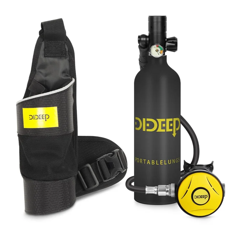 DIDEEP X4000Pro Tanque de Oxígeno para Buceo de 1 L con Correa para Hombro + Gafas + Adaptador + Bomba de Aire + Bolsa de Transporte - Amarillo+Plateado