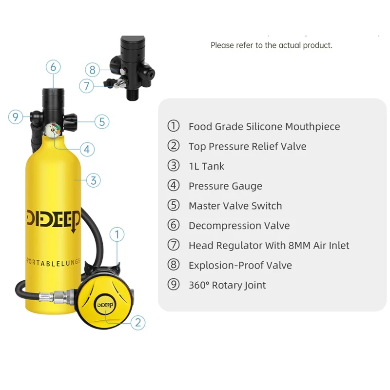 DIDEEP X4000Pro+ Réservoir d'oxygène portable de 1 L pour plongée avec masque de plongée + Sangle d'épaule + Pompe à air - Jaune