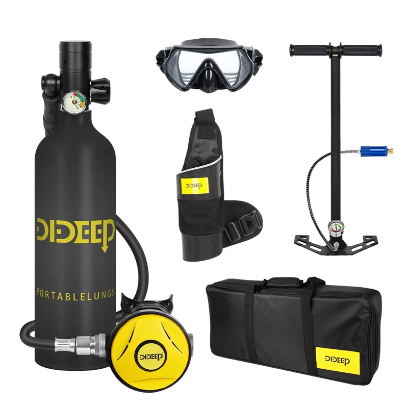 DIDEEP X4000Pro Tanque de Oxígeno para Buceo de 1 Litro con Correa para Hombro + Gafas + Bomba de Aire + Bolsa de Transporte - Negro