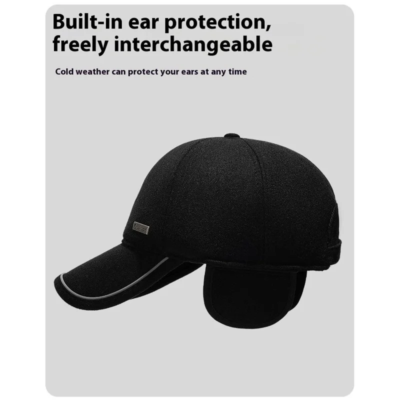 2025d20 Baseball Cap Middle-Aged Elderly Men Winter Outdoor Windproof Warm Ear Protection Hat - Black