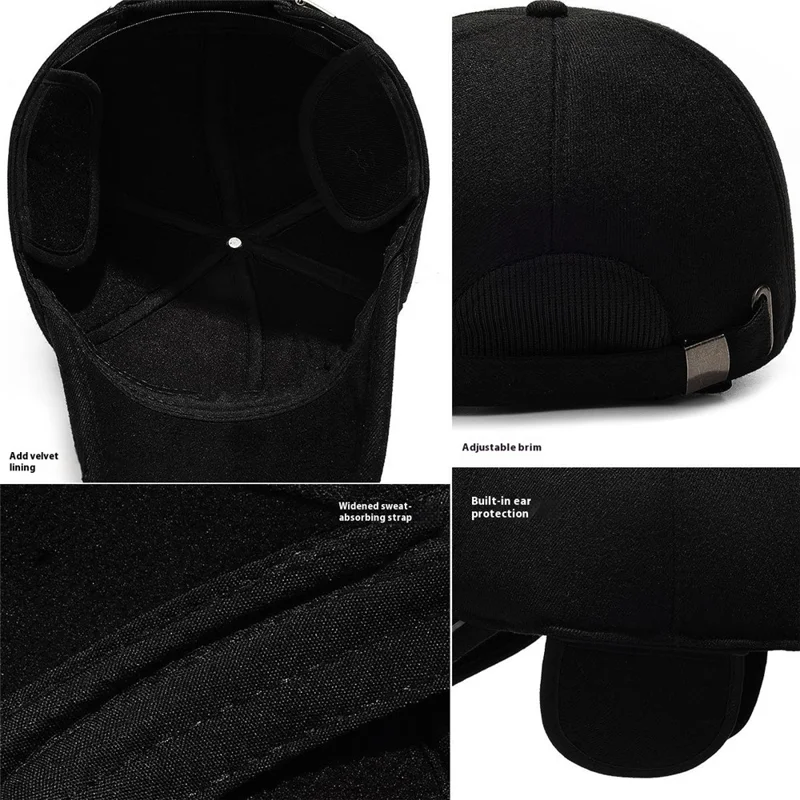 2025d20 Baseball Cap Middle-Aged Elderly Men Winter Outdoor Windproof Warm Ear Protection Hat - Black