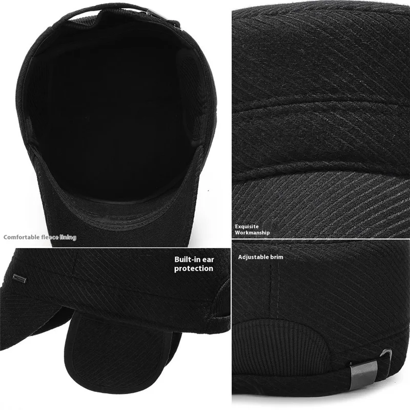 2025d19 Men Winter Outdoor Hat Warm Fleece Lined Earflap Cap Adjustable Flat Top Hat - Black