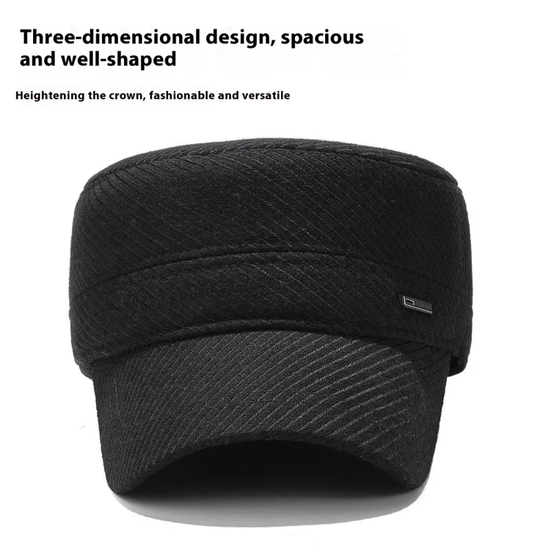2025d19 Men Winter Outdoor Hat Warm Fleece Lined Earflap Cap Adjustable Flat Top Hat - Black