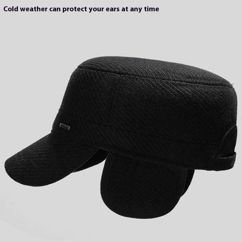 2025d19 Men Winter Outdoor Hat Warm Fleece Lined Earflap Cap Adjustable Flat Top Hat - Black