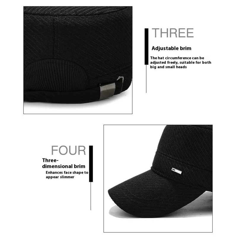 2025d19 Men Winter Outdoor Hat Warm Fleece Lined Earflap Cap Adjustable Flat Top Hat - Black