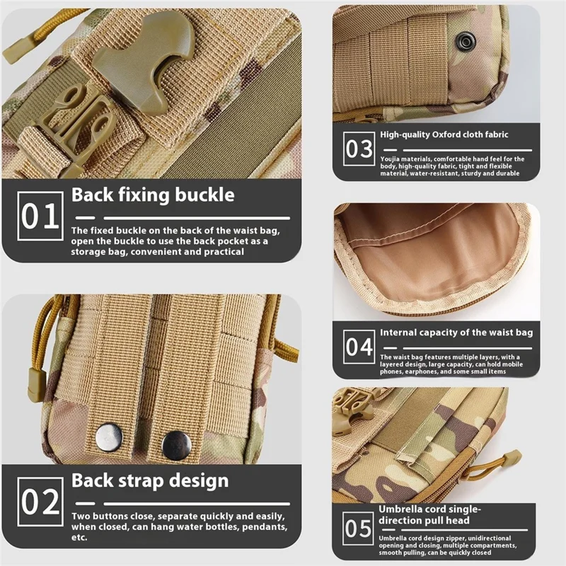 Bolso de Cintura Táctico Molle para Exteriores CH082 de Hombres, Impermeable, Tela Oxford, Soporte para Teléfono, Bolsa para Muñeca - Caqui