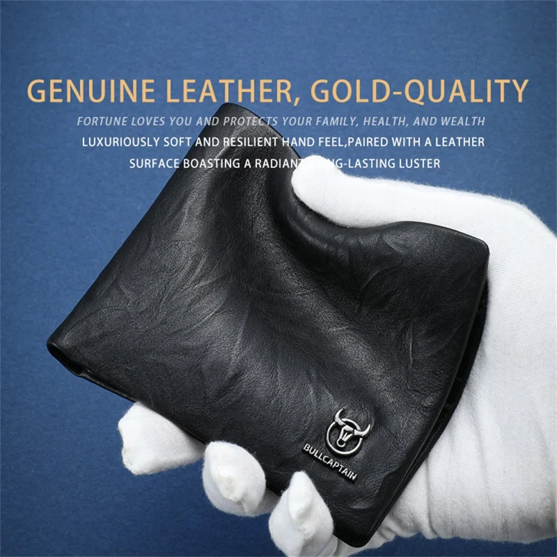 BULLCAPTAIN Top Layer Cowhide Leather Men Wallet Business Casual Bifold Card Cash Holder with Keychain