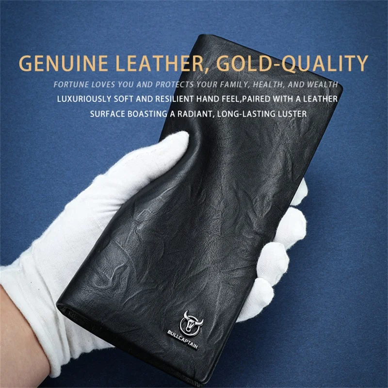 BULLCAPTAIN Top Layer Cowhide Leather Long Wallet Men Business Casual Bifold Purse with Keychain