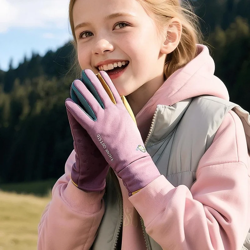 DRST41 Color Splicing Winter Gloves for Children Warm Fleece Lined Outdoor Cycling Non Slip Mittens - Purple