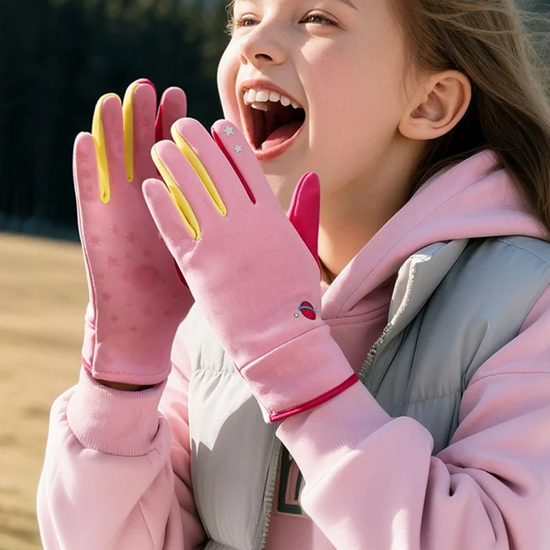 DRST41 Color Splicing Winter Gloves for Children Warm Fleece Lined Outdoor Cycling Non Slip Mittens - Purple