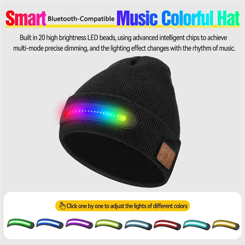 Gorro de Punto Luminoso LED Colorido M1-BTD4 Compatible con Bluetooth para Música - Negro