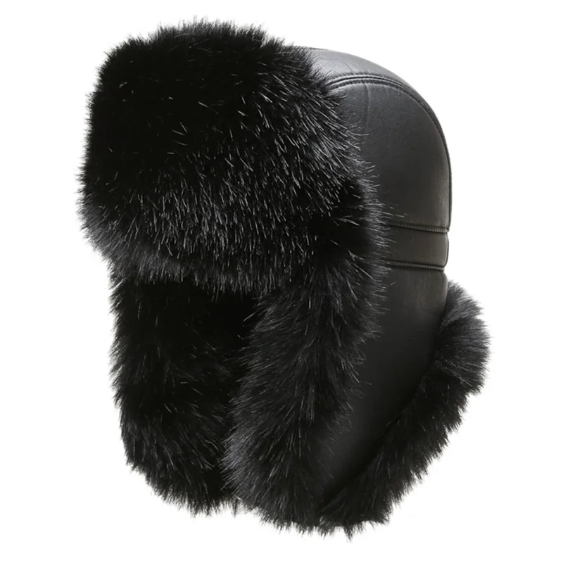 Winter Thicken PU Ushanka Hat Adjustable Windproof Warm Ear Flap Faux Fur Leifeng Cap