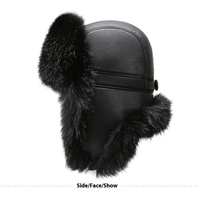 Winter Thicken PU Ushanka Hat Adjustable Windproof Warm Ear Flap Faux Fur Leifeng Cap