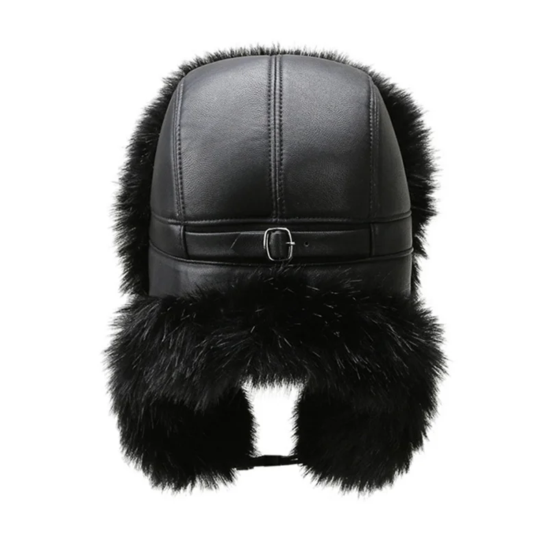 Winter Thicken PU Ushanka Hat Adjustable Windproof Warm Ear Flap Faux Fur Leifeng Cap