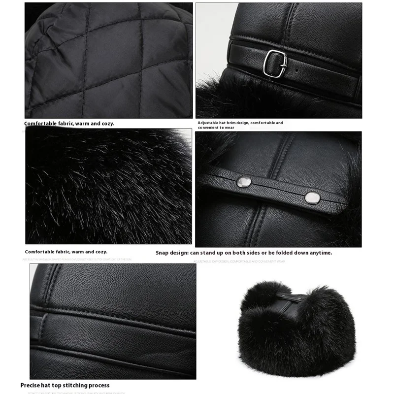 Winter Thicken PU Ushanka Hat Adjustable Windproof Warm Ear Flap Faux Fur Leifeng Cap