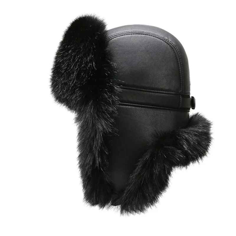 Winter Thicken PU Ushanka Hat Adjustable Windproof Warm Ear Flap Faux Fur Leifeng Cap