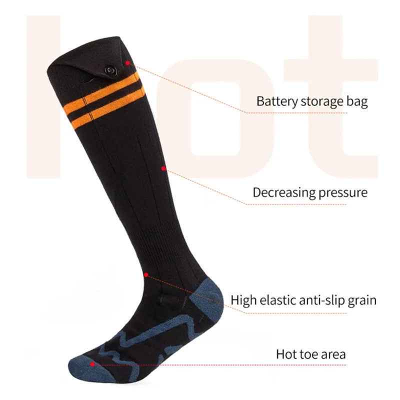 1 Pair Rechargeable Heated Socks 3 Temperature Settings Foot Heating Winter Socks with 2 5000mAh Batteries - Orange