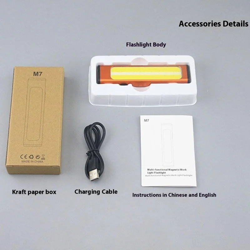 M7 Lampe de Travail Rechargeable 600 Lumens LED COB Lampe de Poche Magnétique Multifonction Portable - Orange