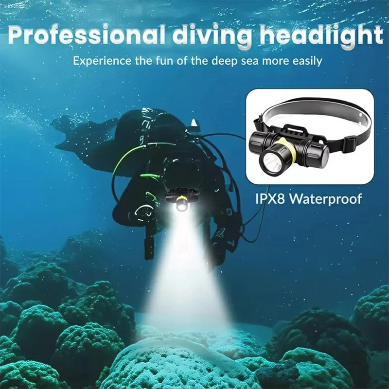 D1379 Professional XHP70 LED Scuba Diving Headlamp IPX8 Waterproof High Low Beam Underwater Head Torch (No Battery)