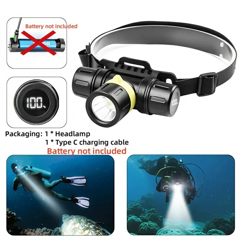 D1379 Professional XHP70 LED Scuba Diving Headlamp IPX8 Waterproof High Low Beam Underwater Head Torch (No Battery)
