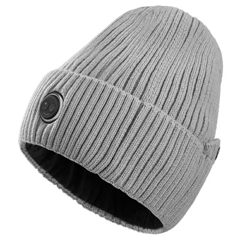Winter Fleece Lined Heated Beanie with 5000mAh Battery 3 Gears Electric Heating Cap for Outdoor Skiing - Grey