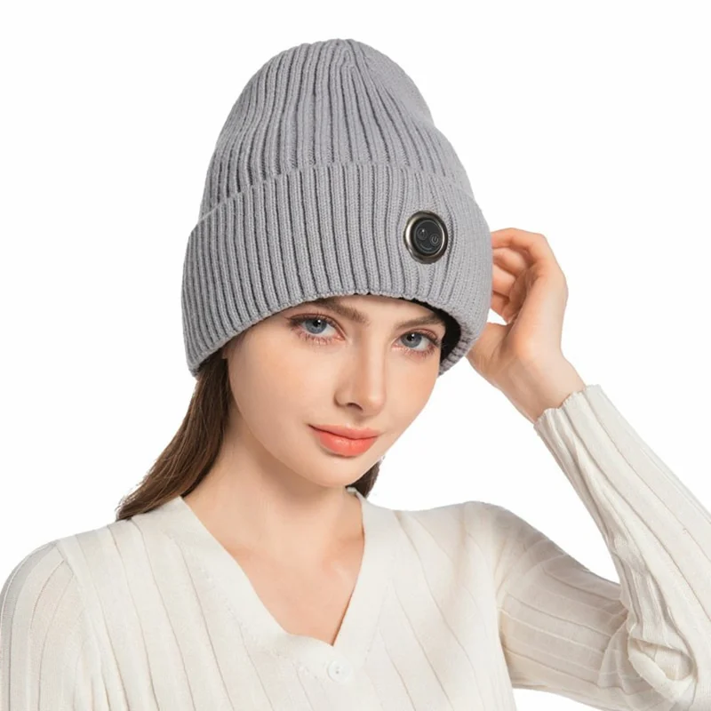 Winter Fleece Lined Heated Beanie with 5000mAh Battery 3 Gears Electric Heating Cap for Outdoor Skiing - Grey