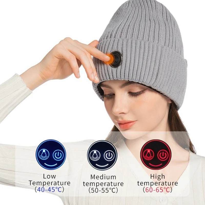 Winter Fleece Lined Heated Beanie with 5000mAh Battery 3 Gears Electric Heating Cap for Outdoor Skiing - Grey