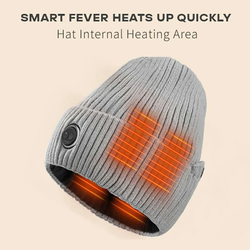 Winter Fleece Lined Heated Beanie with 5000mAh Battery 3 Gears Electric Heating Cap for Outdoor Skiing - Grey
