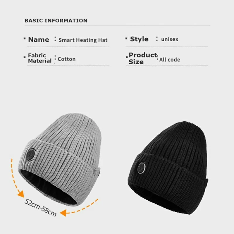 Winter Fleece Lined Heated Beanie with 5000mAh Battery 3 Gears Electric Heating Cap for Outdoor Skiing - Grey