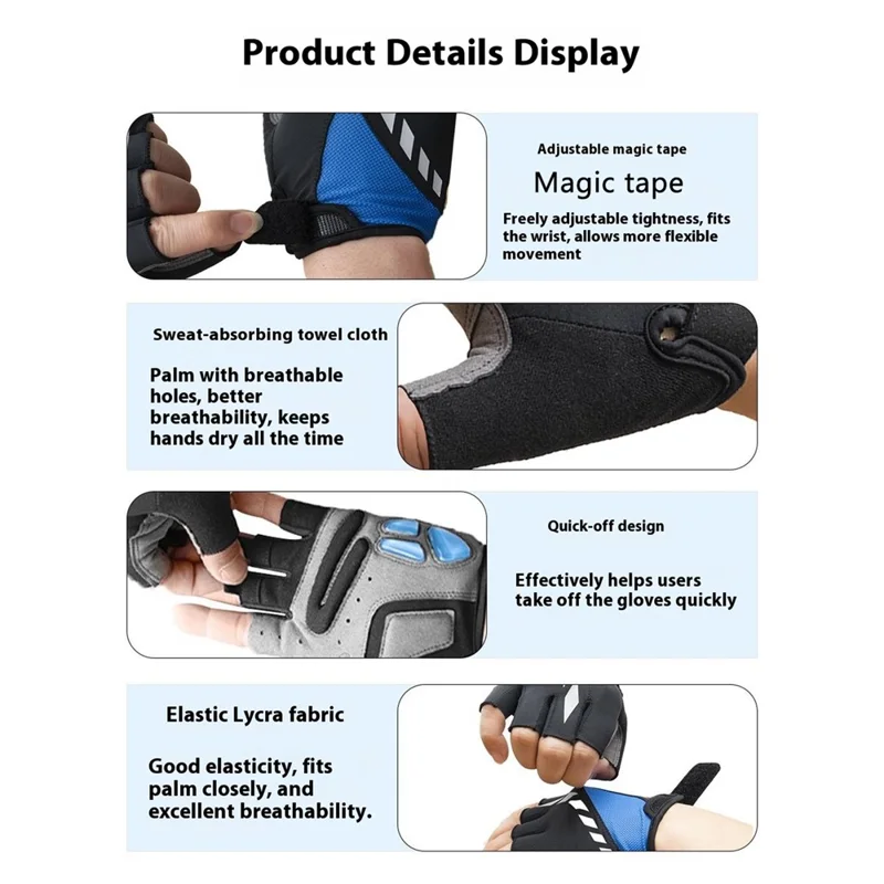 Gants de cyclisme d'été mi-doigts, taille M, antidérapants, réfléchissants, absorbant les chocs, pour la conduite de nuit - Noir