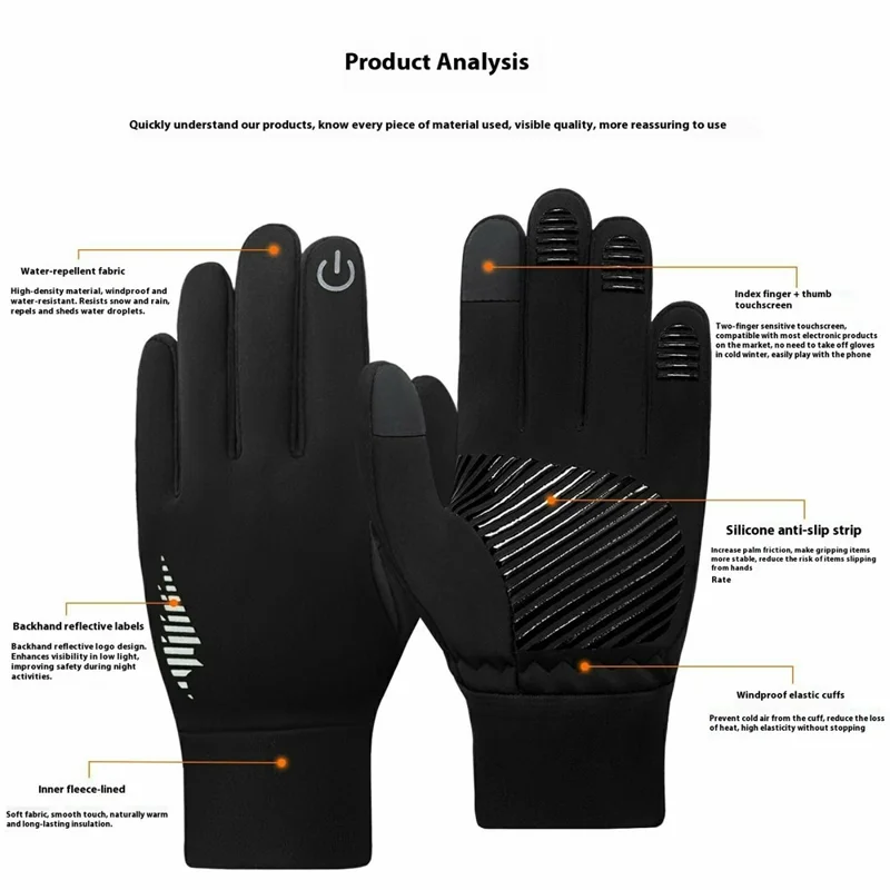 Size L Winter Fleece Lined Windproof Gloves Anti Slip Touch Screen Mittens for Motorcycle Cycling - Black