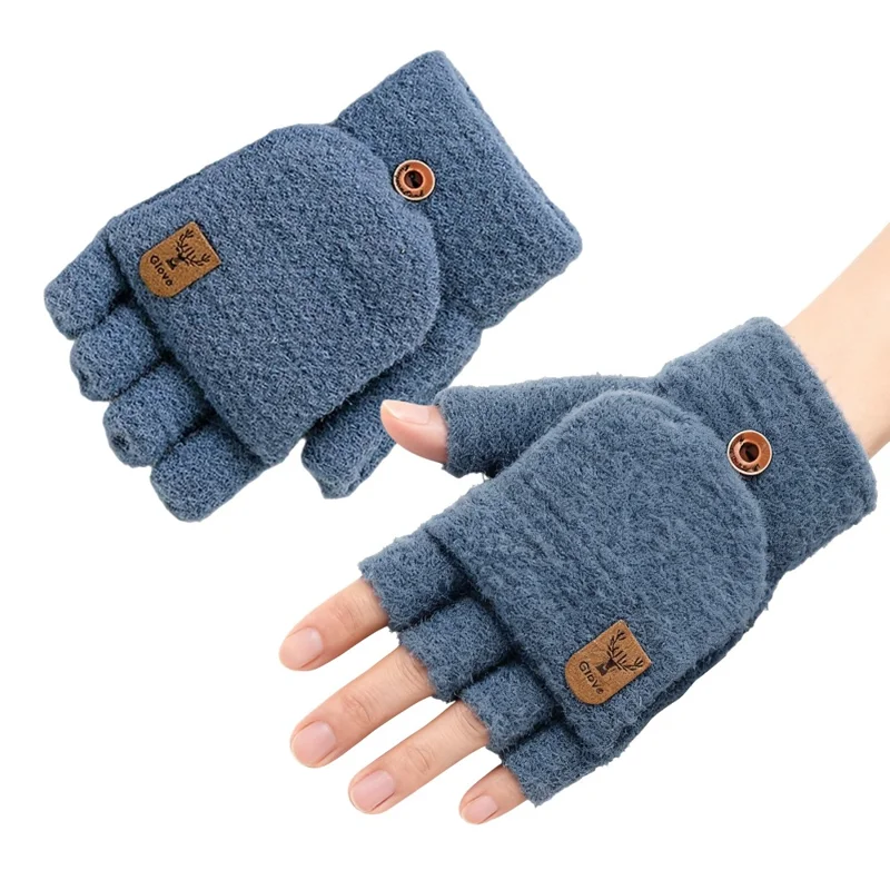 Y0063 1 Pair Winter Convertible Fingerless Gloves for Men Solid Color Flip Top Knitted Mittens - Dark Blue