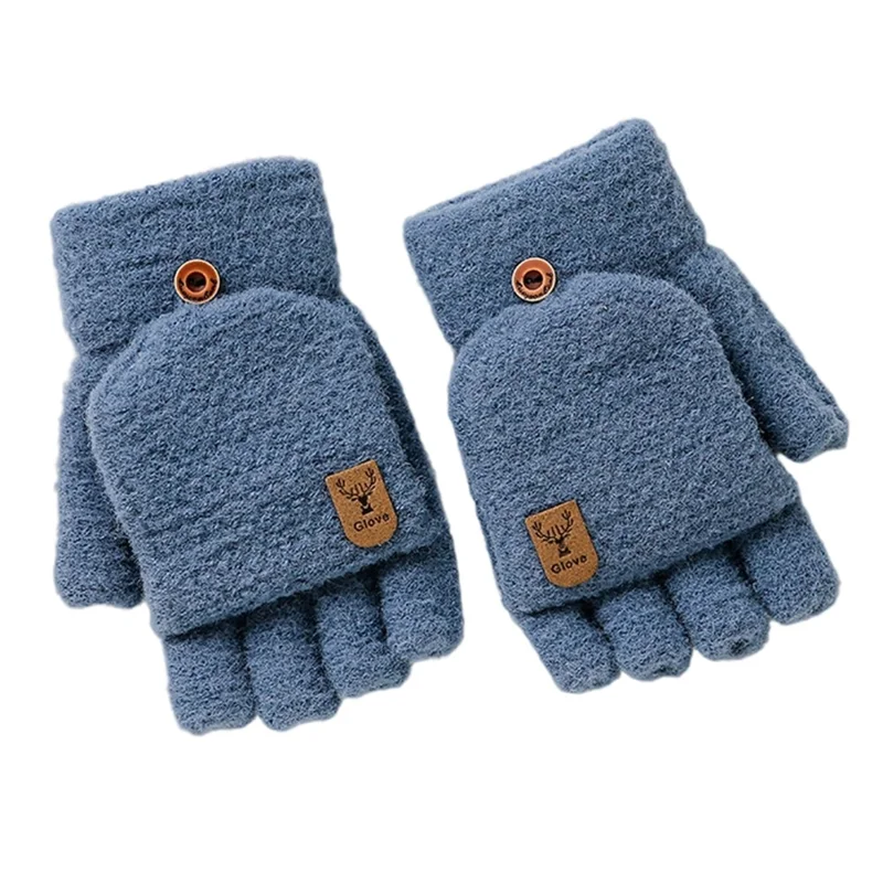 Y0063 1 Pair Winter Convertible Fingerless Gloves for Men Solid Color Flip Top Knitted Mittens - Dark Blue