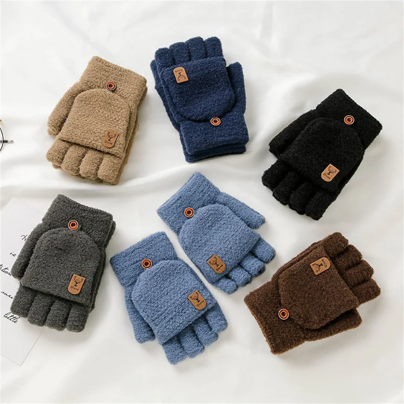 Y0063 1 Pair Winter Convertible Fingerless Gloves for Men Solid Color Flip Top Knitted Mittens - Dark Blue