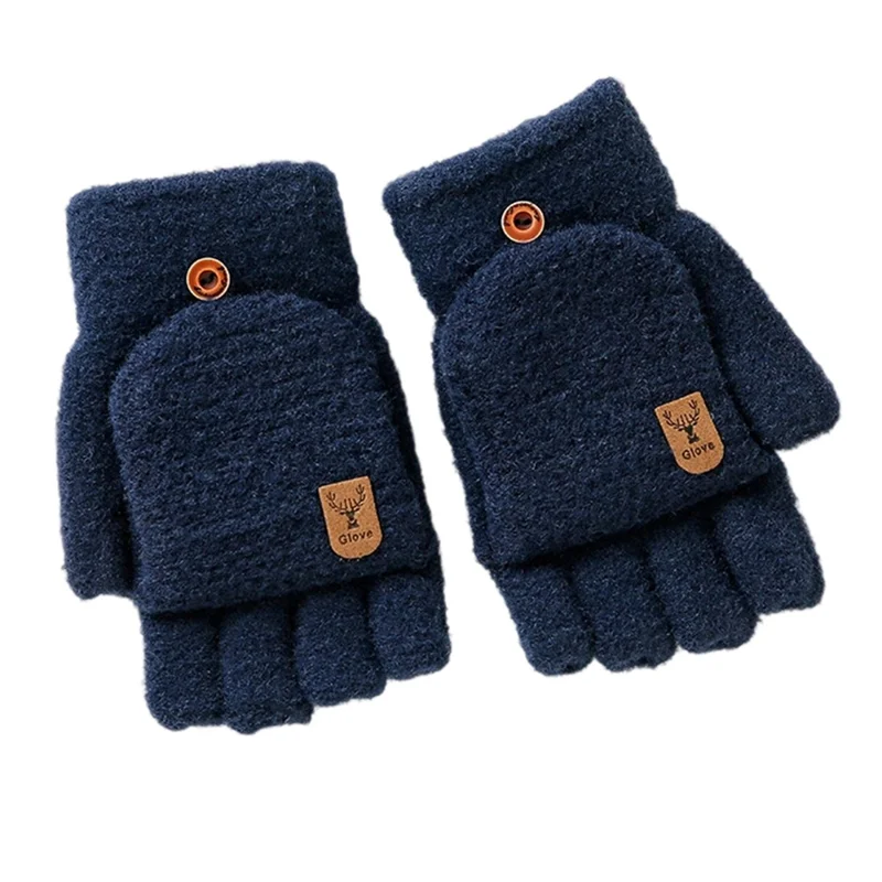 Y0063 1 Pair Winter Warm Convertible Fingerless Gloves for Men Solid Color Flip Top Knitted Mittens, One Size - Navy Blue