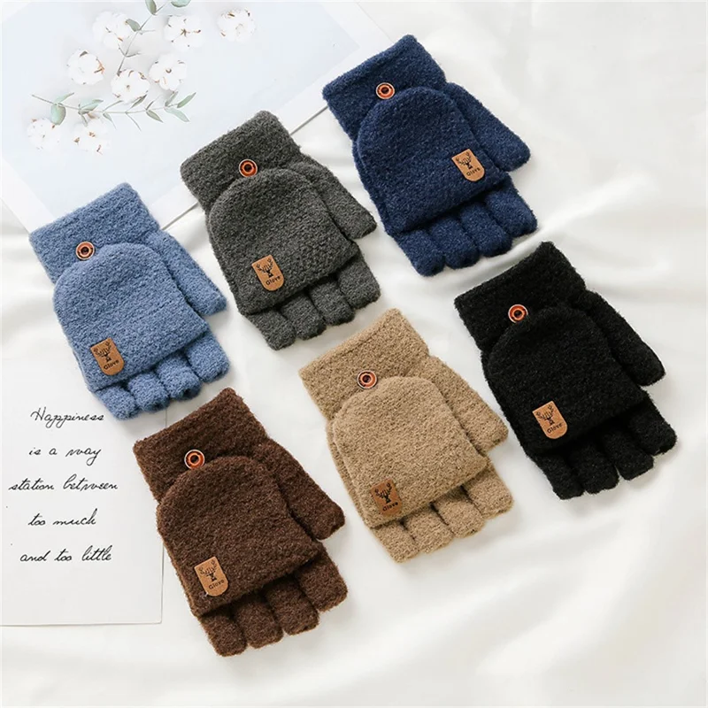 Y0063 1 Pair Winter Warm Convertible Fingerless Gloves for Men Solid Color Flip Top Knitted Mittens, One Size - Navy Blue