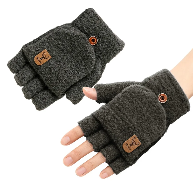 Y0063 1 Pair Winter Warm Convertible Fingerless Gloves for Men Solid Color Flip Top Knitted Mittens, One Size - Dark Grey
