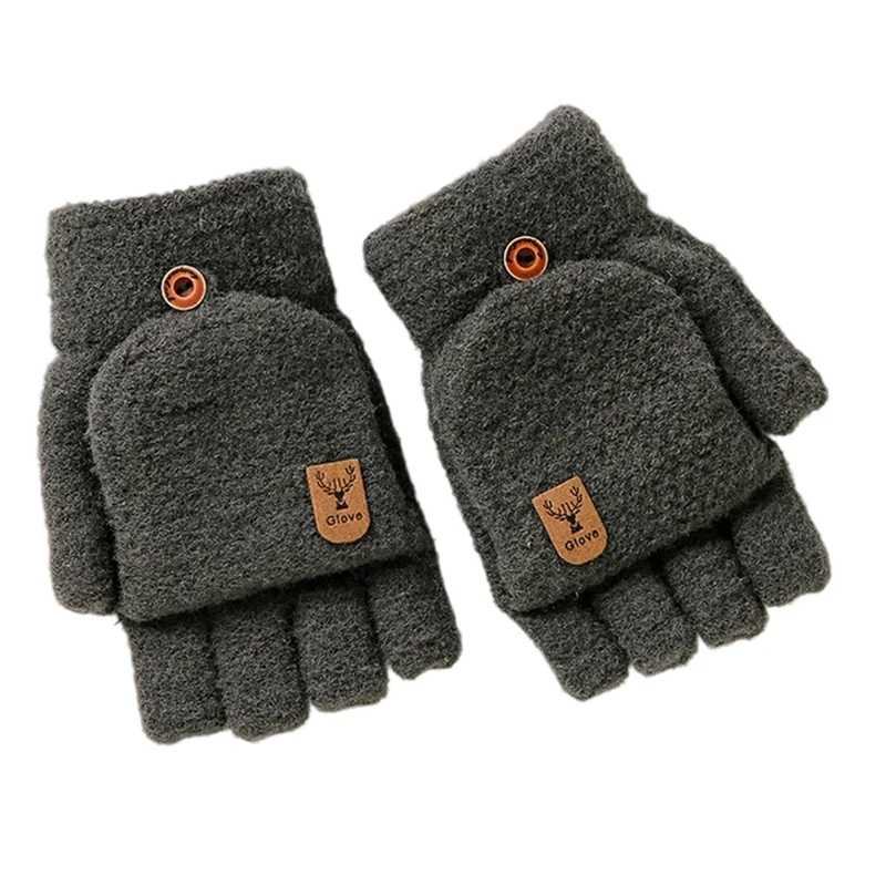 Y0063 1 Pair Winter Warm Convertible Fingerless Gloves for Men Solid Color Flip Top Knitted Mittens, One Size - Dark Grey