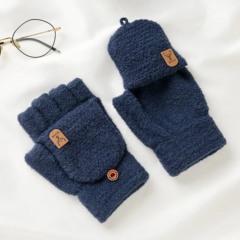 Y0063 1 Pair Winter Warm Convertible Fingerless Gloves for Men Solid Color Flip Top Knitted Mittens, One Size - Dark Grey