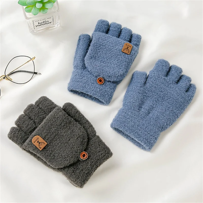 Y0063 1 Pair Winter Warm Convertible Fingerless Gloves for Men Solid Color Flip Top Knitted Mittens, One Size - Dark Grey