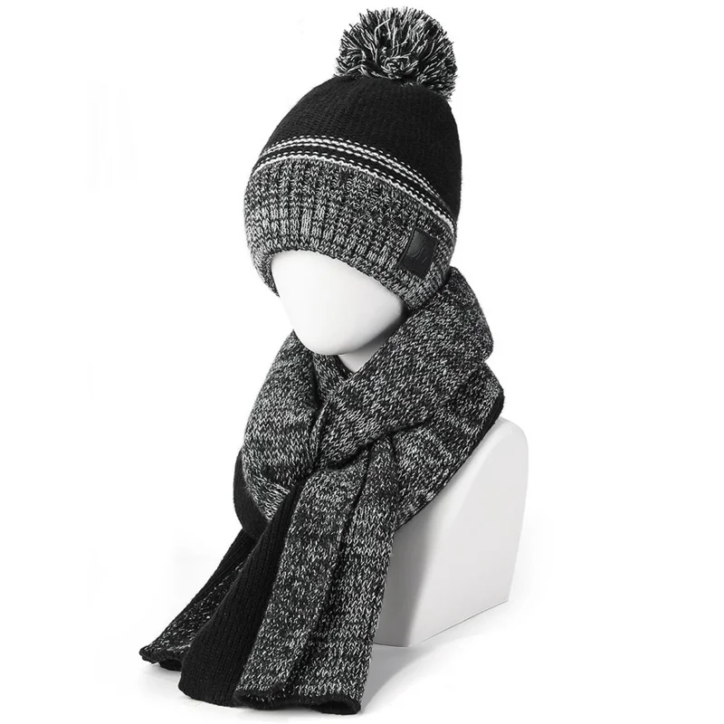 JUNGLEBILL 2 szt./komplet Zimowy przeciwwiatrowy szalik dzianinowy i ciepła czapka z pomponem z podszewką z polaru dla dorosłych/dzieci - Czarny+Szary / Dorośli