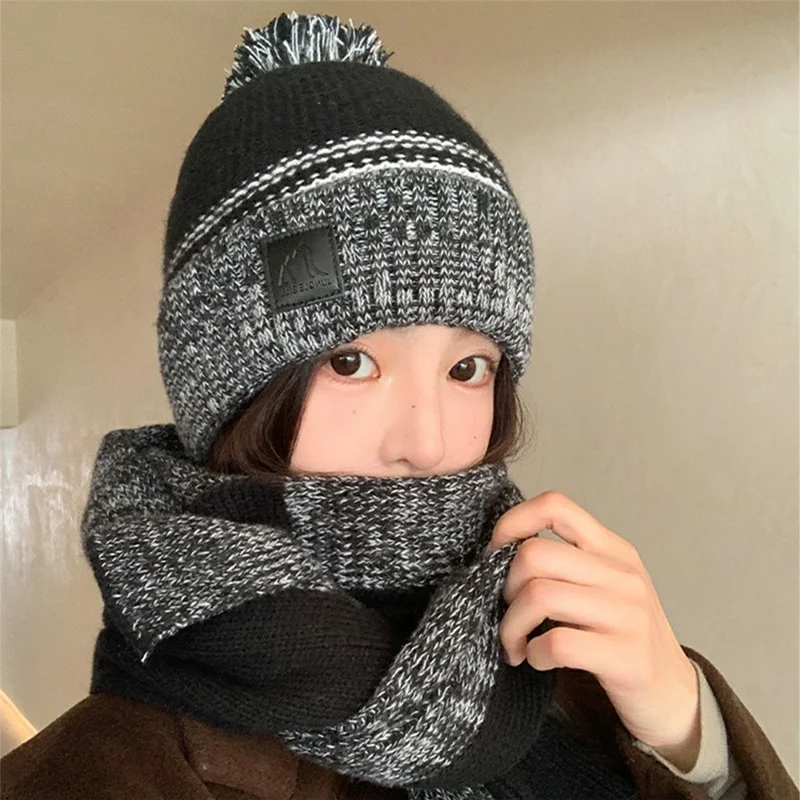 JUNGLEBILL 2 szt./komplet Zimowy przeciwwiatrowy szalik dzianinowy i ciepła czapka z pomponem z podszewką z polaru dla dorosłych/dzieci - Czarny+Szary / Dorośli