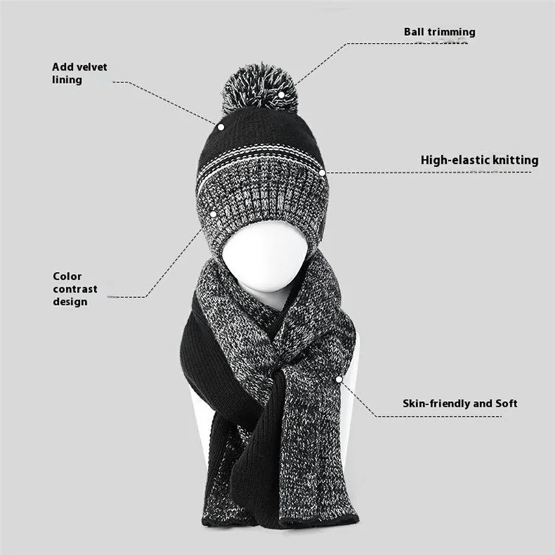 JUNGLEBILL 2 szt./komplet Zimowy przeciwwiatrowy szalik dzianinowy i ciepła czapka z pomponem z podszewką z polaru dla dorosłych/dzieci - Czarny+Szary / Dorośli