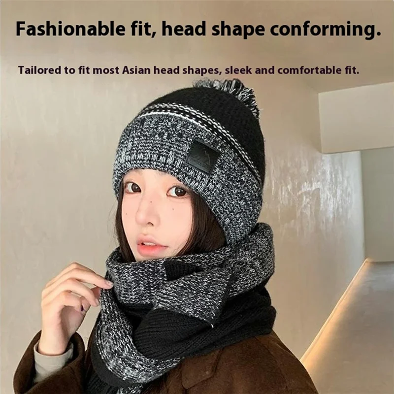 JUNGLEBILL 2 szt./komplet Zimowy przeciwwiatrowy szalik dzianinowy i ciepła czapka z pomponem z podszewką z polaru dla dorosłych/dzieci - Czarny+Szary / Dorośli