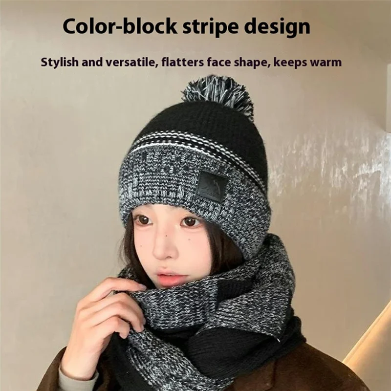 JUNGLEBILL 2 szt./komplet Zimowy przeciwwiatrowy szalik dzianinowy i ciepła czapka z pomponem z podszewką z polaru dla dorosłych/dzieci - Czarny+Szary / Dorośli