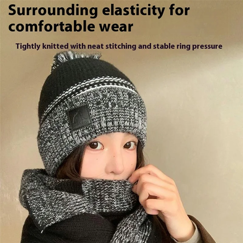 JUNGLEBILL 2 szt./komplet Zimowy przeciwwiatrowy szalik dzianinowy i ciepła czapka z pomponem z podszewką z polaru dla dorosłych/dzieci - Czarny+Szary / Dorośli