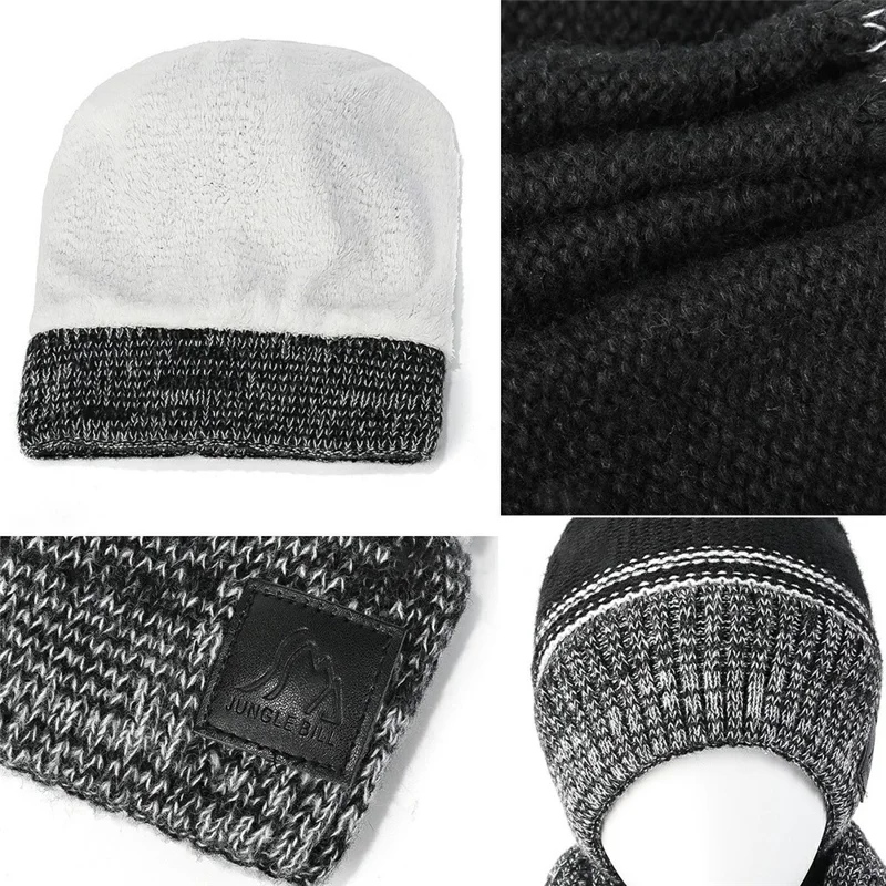 JUNGLEBILL 2 szt./komplet Zimowy przeciwwiatrowy szalik dzianinowy i ciepła czapka z pomponem z podszewką z polaru dla dorosłych/dzieci - Czarny+Szary / Dorośli